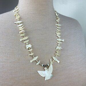 Vintage Native Mother of Pearl Bird, Fish, Bear Fetish Heishi Bead Necklace 26.5